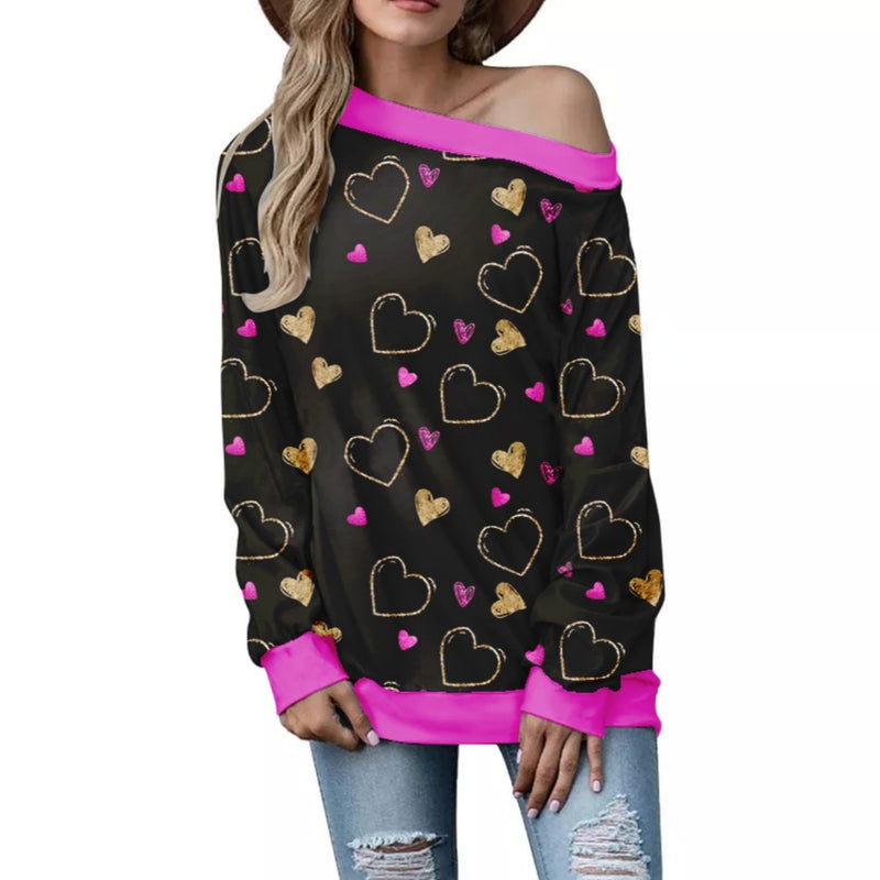 Women's Valentine's Day Pattern Printed Long Sleeve Loose Shoulder Sweater