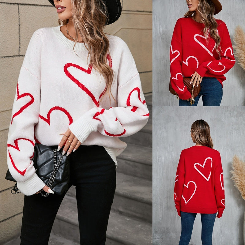 Hearts Valentine's Day Pullover Big Peach Heart Contrast Color Sweater